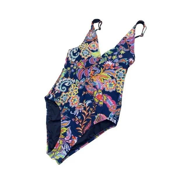 NEW $108 BCBGMAXAZRIA Womens Small One Piece Swimsuit Midnight Floral Lace Up - Picture 2 of 13